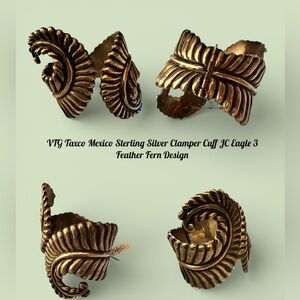 VTG Taxco Mexico Sterling Silver Clamper Cuff JC Eagle 3 Feather Fern Design